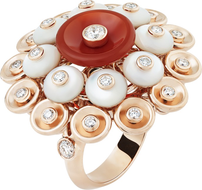 BOUTON D'OR RING, PINK GOLD, WHITE MOTHER OF PEARL, CARNELIAN AND DIAMONDS